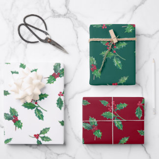 Traditional Botanical Christmas Holly Branches Wrapping Paper Sheet
