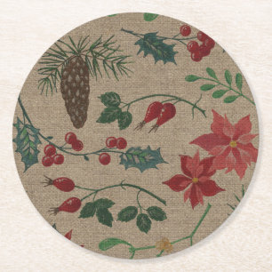 Traditional Botanical Christmas Round Paper Coaster