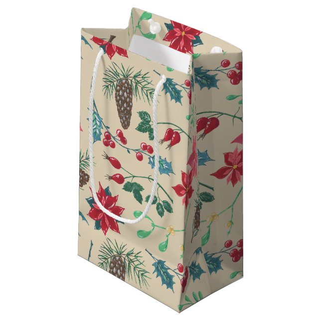 Traditional Botanical Christmas Small Gift Bag (Front Angled)