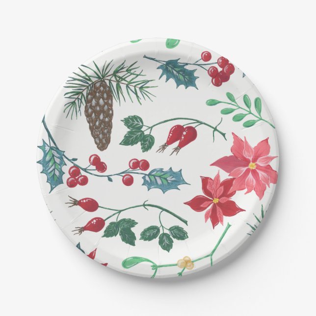 Traditional Botanical Christmas (white) Paper Plate (Front)