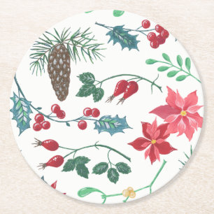 Traditional Botanical Christmas (white) Round Paper Coaster