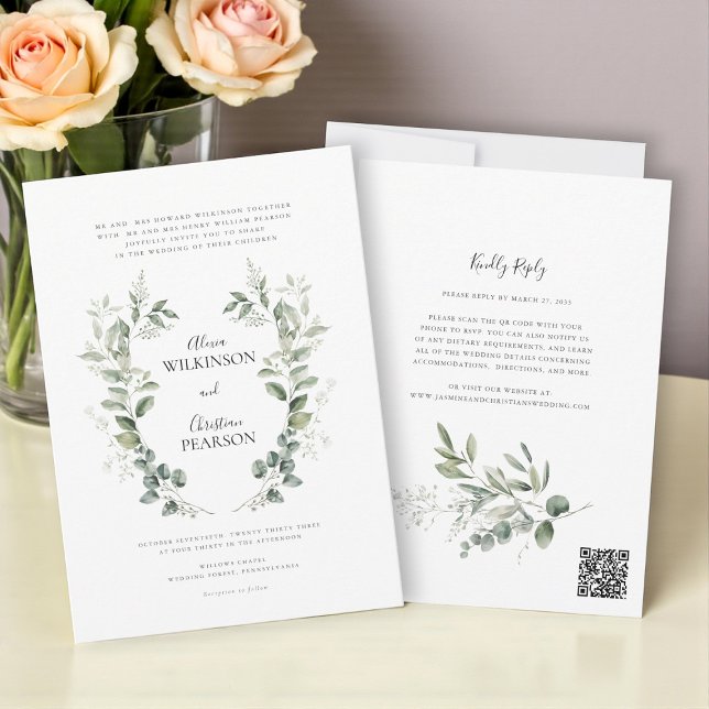 Traditional Botanical Greenery Wedding QRCode RSVP Invitation (Creator Uploaded)