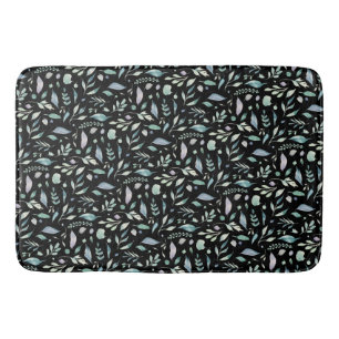 Traditional Botanical Leaf Pattern Blues on Black Bath Mat