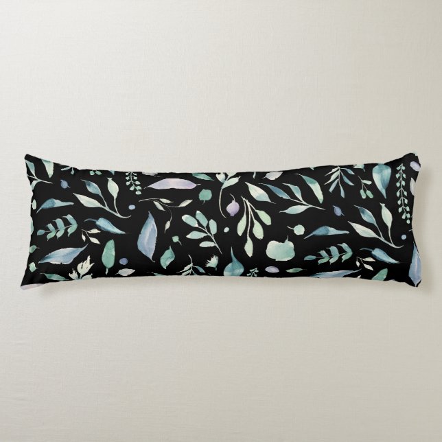Traditional Botanical Leaf Pattern Blues on Black Body Cushion (Front)