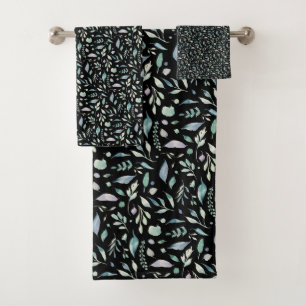 Traditional Botanical Leaf Pattern Blues on White Bath Towel Set