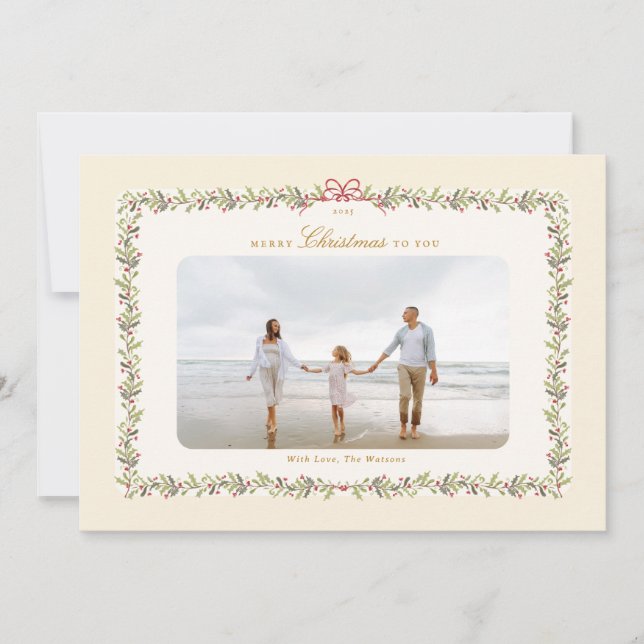 traditional bow christmas botanical 1 photo flat  holiday card (Front)