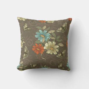 Traditional Brown Flowers Butterflies Throw Pillow