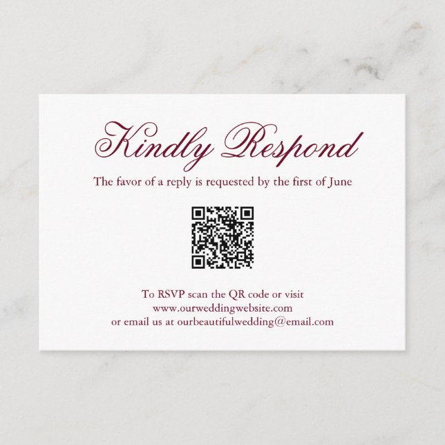 Traditional Burgundy Formal QR Code Wedding RSVP Card (Front)