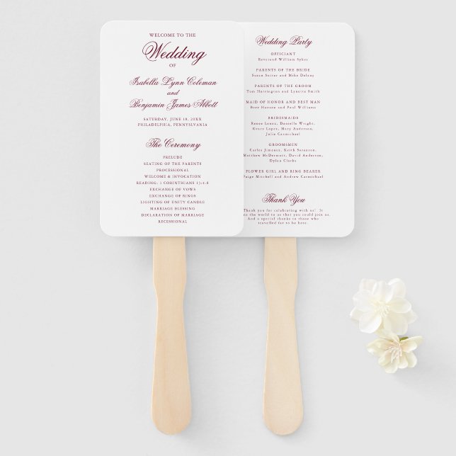 Traditional Burgundy Formal Wedding Program Hand Fan (Front and Back)