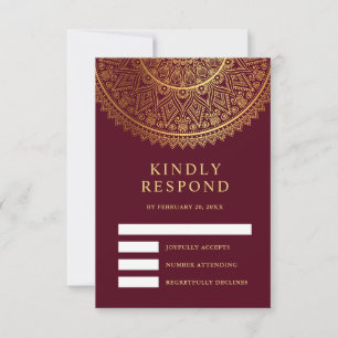 Traditional Burgundy Gold Mandala Indian Wedding RSVP Card