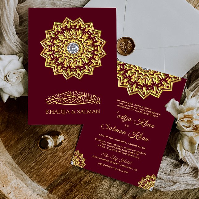 Traditional Burgundy Gold Motif Islamic Wedding Invitation (Creator Uploaded)
