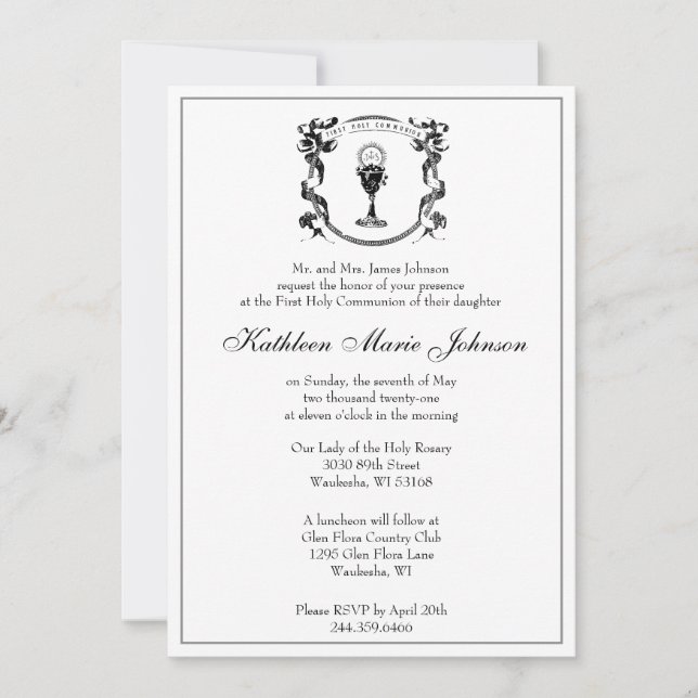 Traditional Catholic Elegant First Holy Communion Invitation (Front)