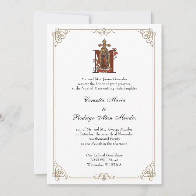 Traditional Catholic Guadalupe Red Roses Gold Invitation (Front)