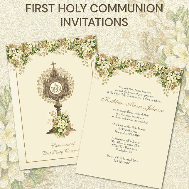 Traditional Catholic Holy Communion Floral Invitation (Easy to personalize)