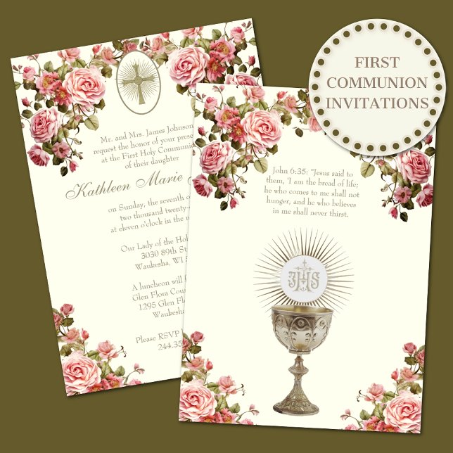 Traditional Catholic Holy Communion Floral Invitation (Creator Uploaded)