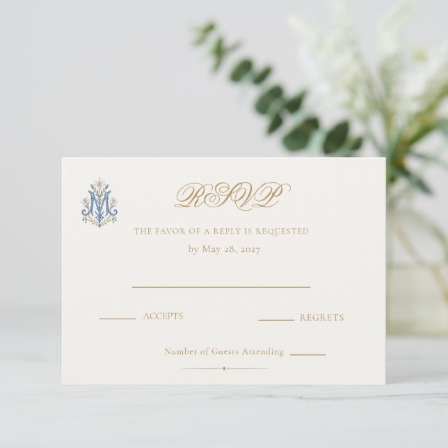 Traditional Catholic Marian Monogram Wedding RSVP Card (Standing Front)