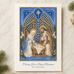 Traditional Catholic Nativity Blue & Gold Holiday Card