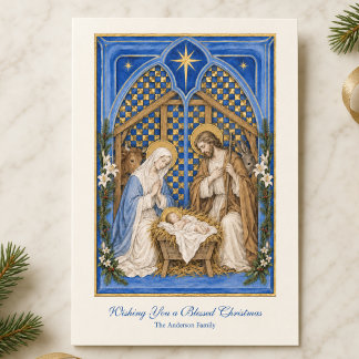 Traditional Catholic Nativity Blue & Gold Holiday Card