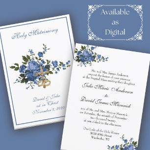 Traditional Catholic Religious Blue Roses Wedding Invitation