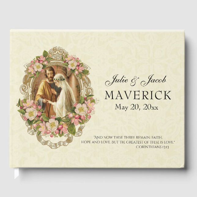 Traditional Catholic Vintage Elegant Wedding Lace Guest Book (Front)