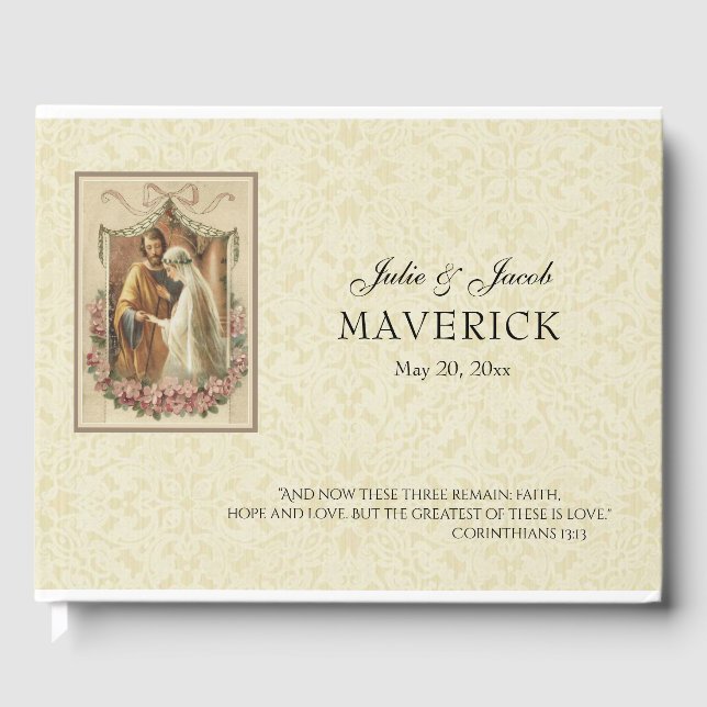 Traditional Catholic Vintage Elegant Wedding Lace Guest Book (Front)