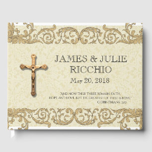 Traditional Catholic Wedding Gold Crucifix Lace Guest Book