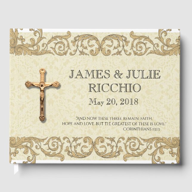 Traditional Catholic Wedding Gold Crucifix Lace Guest Book (Front)