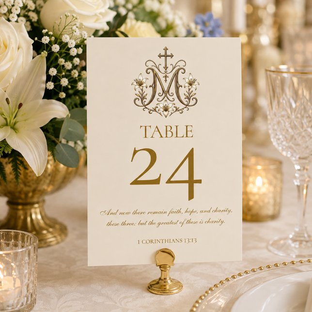 Traditional Catholic Wedding Gold Marian Cross Table Number (Creator Uploaded)