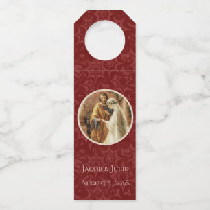 Traditional Catholic Wedding Maroon Damask Bottle Tag