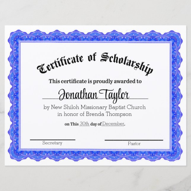 Traditional Certificate of Scholarship (Front)