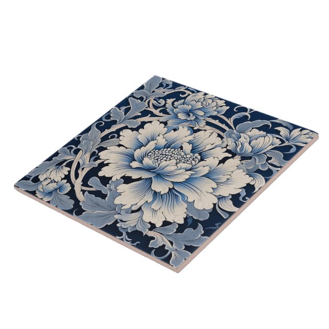 Traditional China Blue Ink Chrysanthemum Tile (Side)