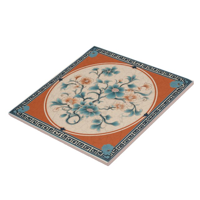 Traditional China Orange Ink Flower Art 5 Tile (Side)