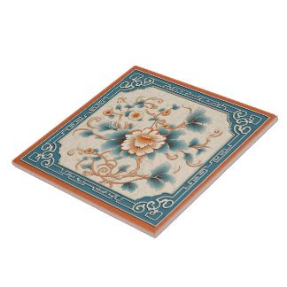 Traditional China Orange Ink Flower Art 7 Tile