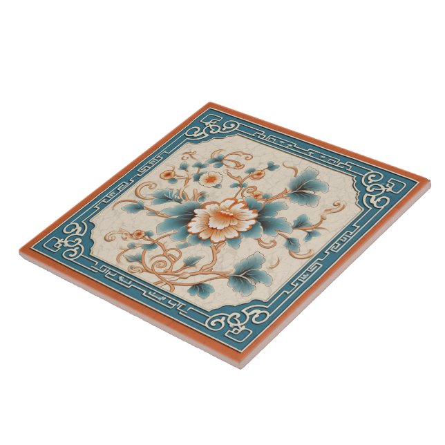 Traditional China Orange Ink Flower Art 7 Tile (Side)