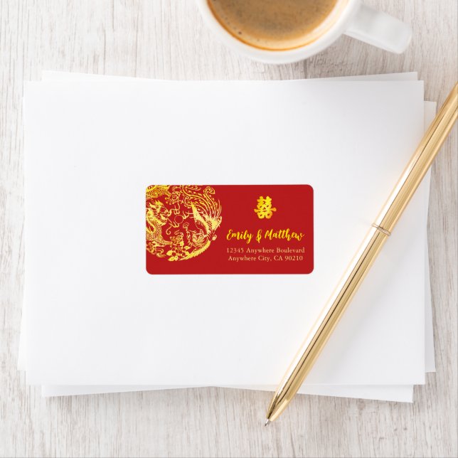 Traditional Chinese Dragon Phoenix wedding address Label (Insitu)