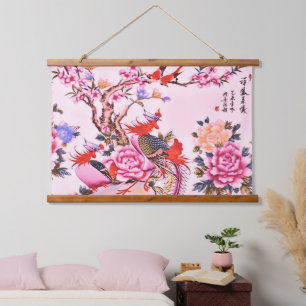 Traditional Chinese Floral Birds Pink Chinoiserie  Hanging Tapestry