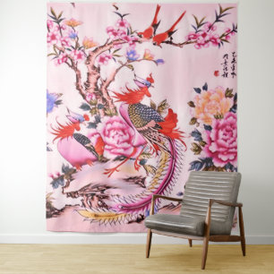 Traditional Chinese Floral Birds Pink Chinoiserie  Tapestry