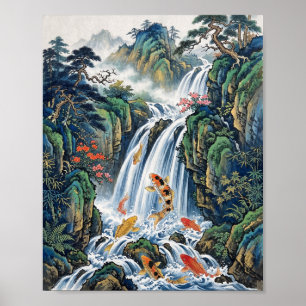 Traditional Chinese Koi Fish Waterfall Landscape G Poster