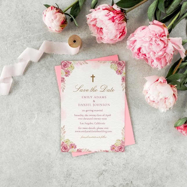 Traditional Christian Pink Floral Catholic Wedding Save The Date (Creator Uploaded)