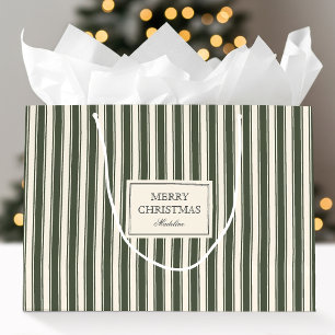 Traditional Christmas Dark Green Stripe Custom Large Gift Bag