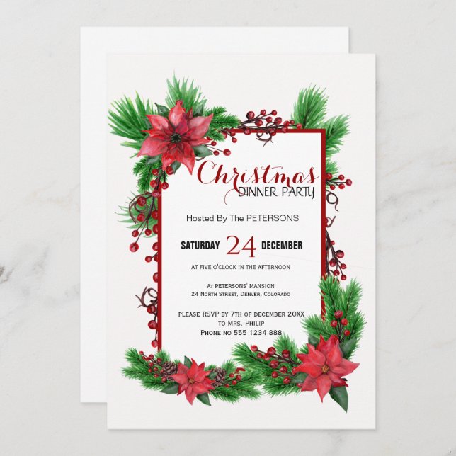 Traditional Christmas dinner party red poinsettia Invitation (Front/Back)