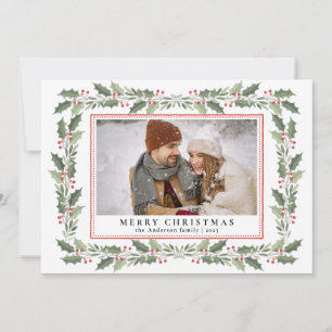 Traditional Christmas Holly Berries & Family Photo Holiday Card