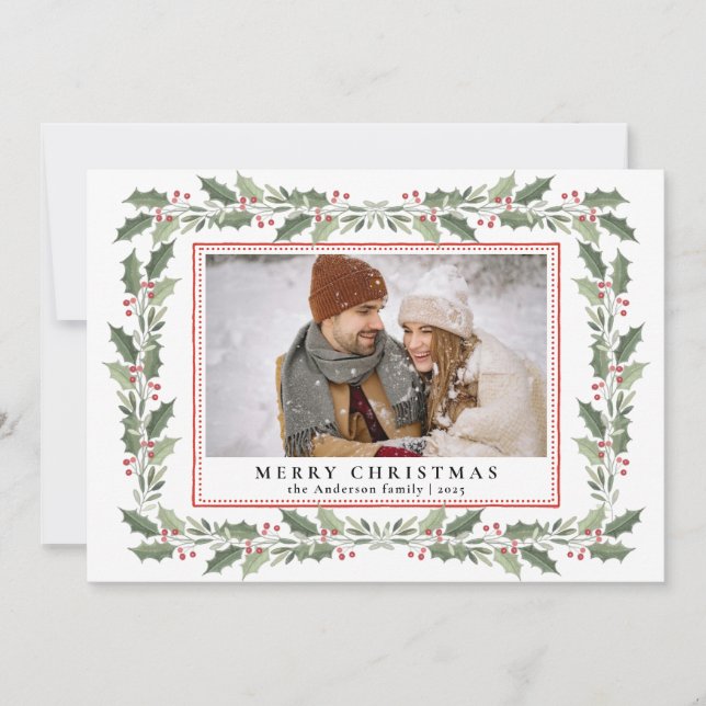Traditional Christmas Holly Berries & Family Photo Holiday Card (Front)