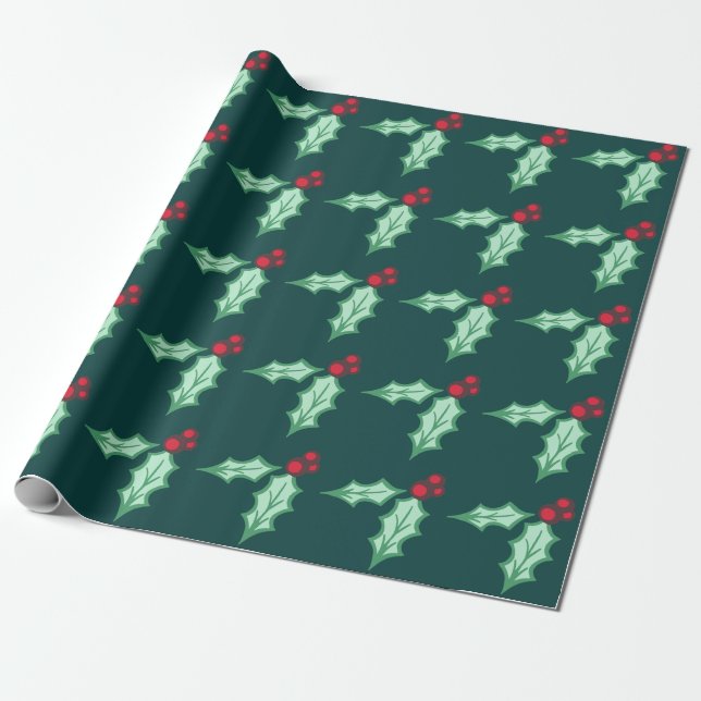 Traditional Christmas Holly Wrapping Paper (Unrolled)