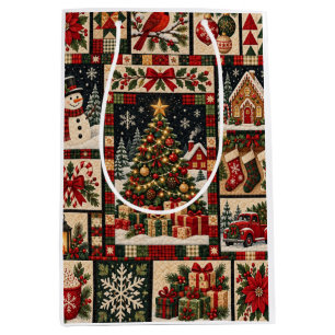 Traditional Christmas Patchwork Quilt Holiday Scen Medium Gift Bag