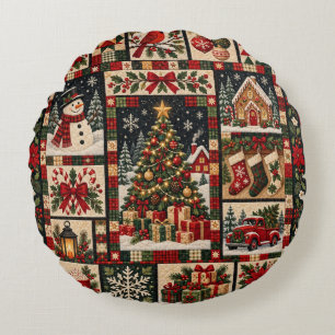 Traditional Christmas Patchwork Quilt Holiday Scen Round Cushion