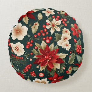 Traditional Christmas Pattern with Flowers Round Cushion
