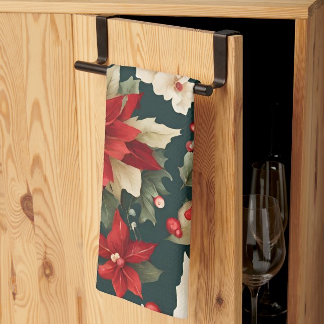 Traditional Christmas Pattern with Flowers Tea Towel (Thirds Fold)