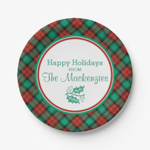 Traditional Christmas Plaid Pattern Personalised Paper Plate