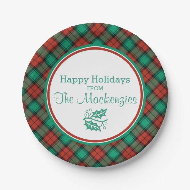 Traditional Christmas Plaid Pattern Personalised Paper Plate (Front)